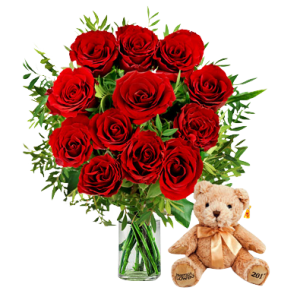 12 Red Roses with 10cm Brown Bear