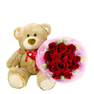 12 Red Roses Bouquet with 40cm Brown Bear