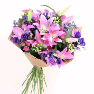 8 Pink Lilies and 5 Purple Lisianthus