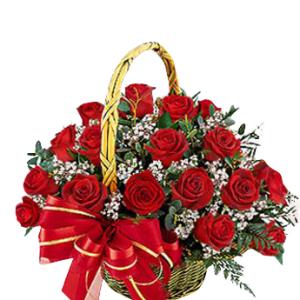 18 Red Roses with Gypsophilia in a Basket