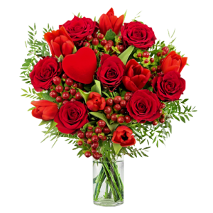 7 Red Roses and 6 Red Tulips with Red Hypericum Berries