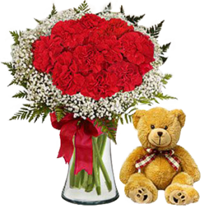 11 Red Carnations with Gypsophilia and 20cm Brown Bear