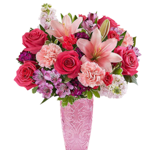 5 Pink Roses, 3 Pink Carnations, 2 Pink Lilies and Purple Alstroemeria