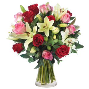 12 Pink and Red Roses with 3 White Lilies