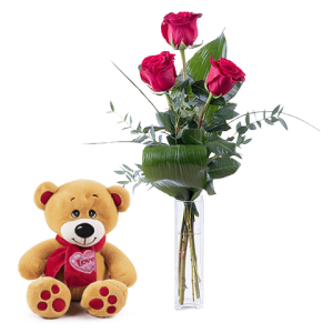 3 Red Roses with 20cm Bear