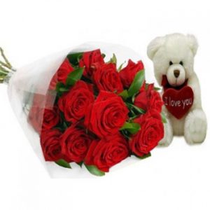 12 Red Roses with 20cm White Bear