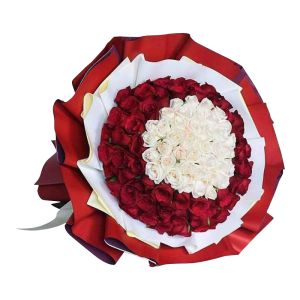 99 Red and White Roses with Red and White Bouquet Wrapping