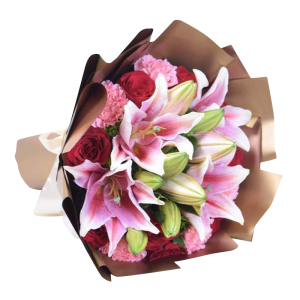 4 Pink Lilies, 4 Red Roses and 4 Pink Carnations Bouquet