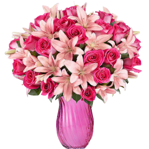 24 Pink Roses and 12 Pink Lilies