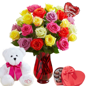24 Mixed Roses, 20cm White Bear, 8 Pieces Chocolate Heart Shape Box