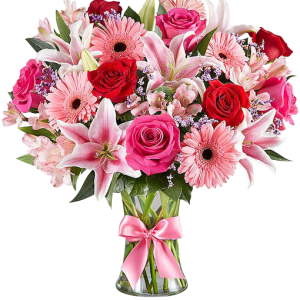 4 Pink Lilies, 4 Pink Roses and Pink Alstroemeria, 4 Pink Gerbera, 4 Red Roses and Pink Alstroemeria